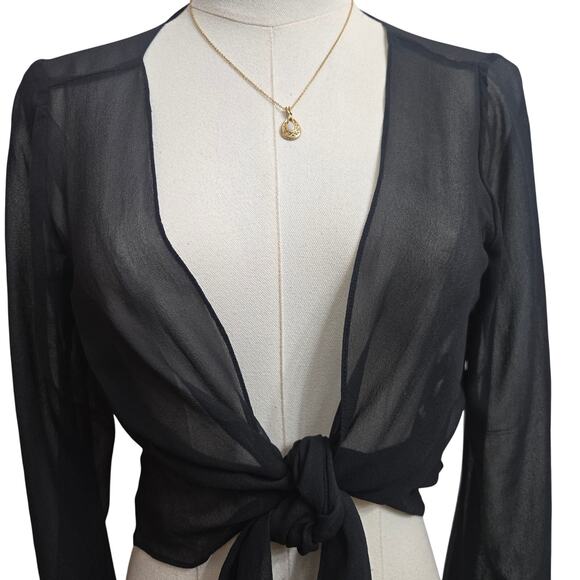 Tadashi Women Vtg Y2K Fairy Whimsigoth Sheer Black Flare Sleeve Tie Front Top 8 - Picture 3 of 12